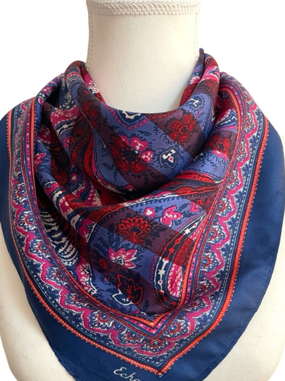 Echo Paisley Floral Square Scarf Navy Blue Red Pink Silky